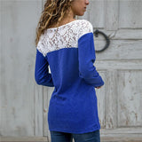 Polyester Cotton Women T-shirt Solid Color  Long Sleeve Round Neck Lase at Top for Girl Style