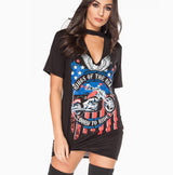 Women Fashion Shirt Eagle Motorcycle Sexy Halter Tops V-neck Printed Long T-shirt