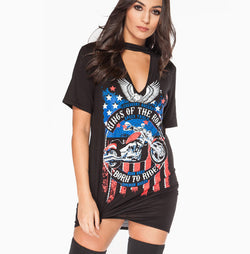 Women Fashion Shirt Eagle Motorcycle Sexy Halter Tops V-neck Printed Long T-shirt