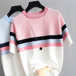 shintimes Plaid T Shirt Women Striped Tshirt Knitted Cotton 2019 Korean T-Shirt Woman