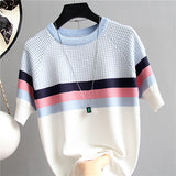 shintimes Plaid T Shirt Women Striped Tshirt Knitted Cotton 2019 Korean T-Shirt Woman