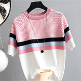 shintimes Plaid T Shirt Women Striped Tshirt Knitted Cotton 2019 Korean T-Shirt Woman
