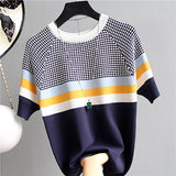 shintimes Plaid T Shirt Women Striped Tshirt Knitted Cotton 2019 Korean T-Shirt Woman